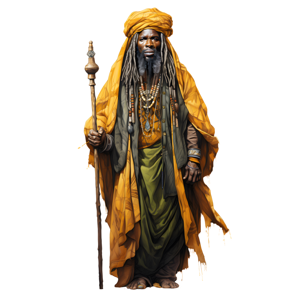 A regal figure dressed in golden and green robes holding a staff, symbolizing the strength and heritage of the Durban OG cannabis strain.