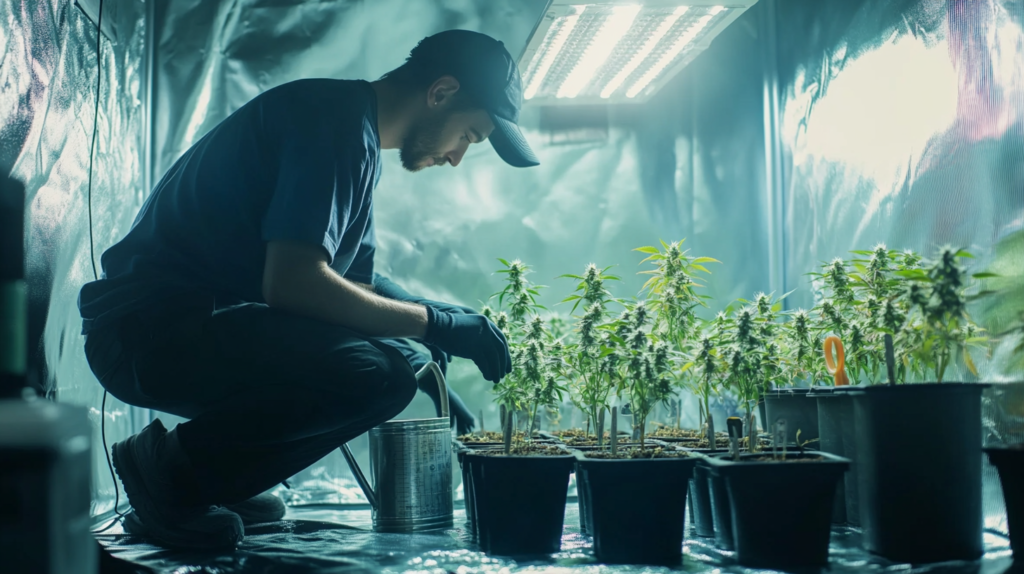 Indoor cannabis grower tending to healthy potted cannabis plants under LED grow lights in a reflective grow tent, showcasing cannabis cultivation techniques for optimal growth.