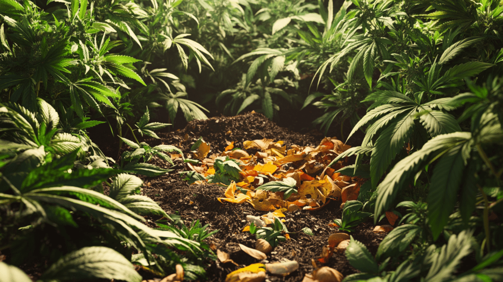A lush cannabis garden with a central compost pile surrounded by vibrant plants and rich soil, highlighting organic composting benefits for cannabis cultivation.