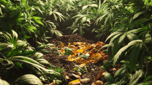 A lush cannabis garden with a central compost pile surrounded by vibrant plants and rich soil, highlighting organic composting benefits for cannabis cultivation.