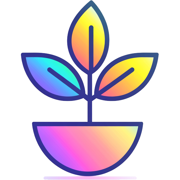 Minimalistic icon featuring a stylized cannabis plant with vibrant rainbow hues, symbolizing hybridized strains that balance sativa and indica genetics.