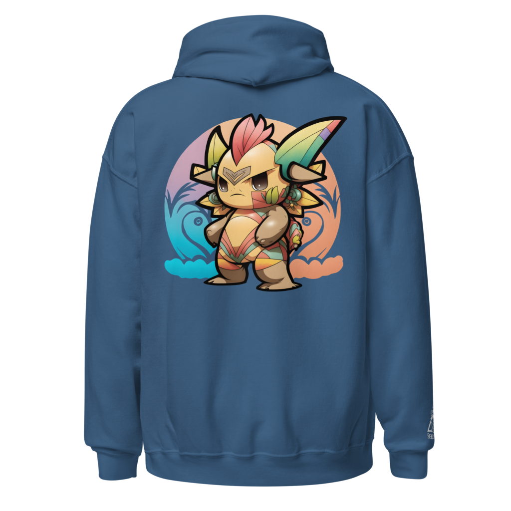 A blue hoodie with a striking Hawaiian Rainbow Warrior character design, featuring tribal-inspired details and a vivid rainbow backdrop.