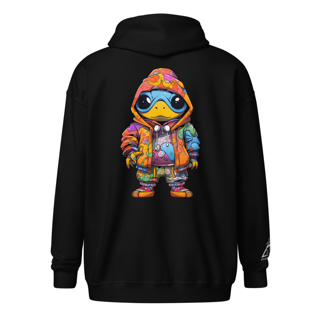 A black hoodie featuring the Mac Pebble Dream character, adorned in a colorful and vibrant dream-like design with intricate patterns and textures.