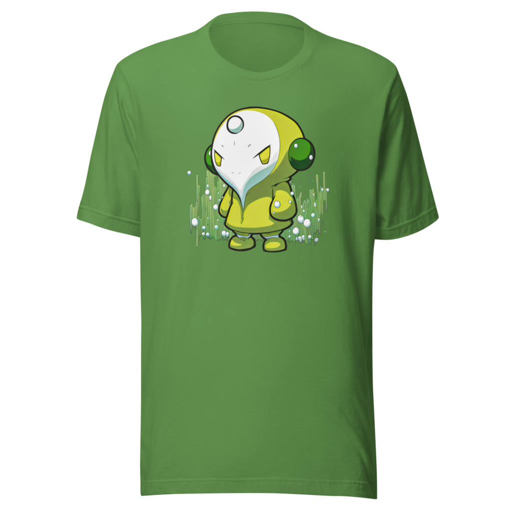 A green t-shirt with the Sour Snowcap character, featuring bright yellow and white highlights set against a bubble-filled background.