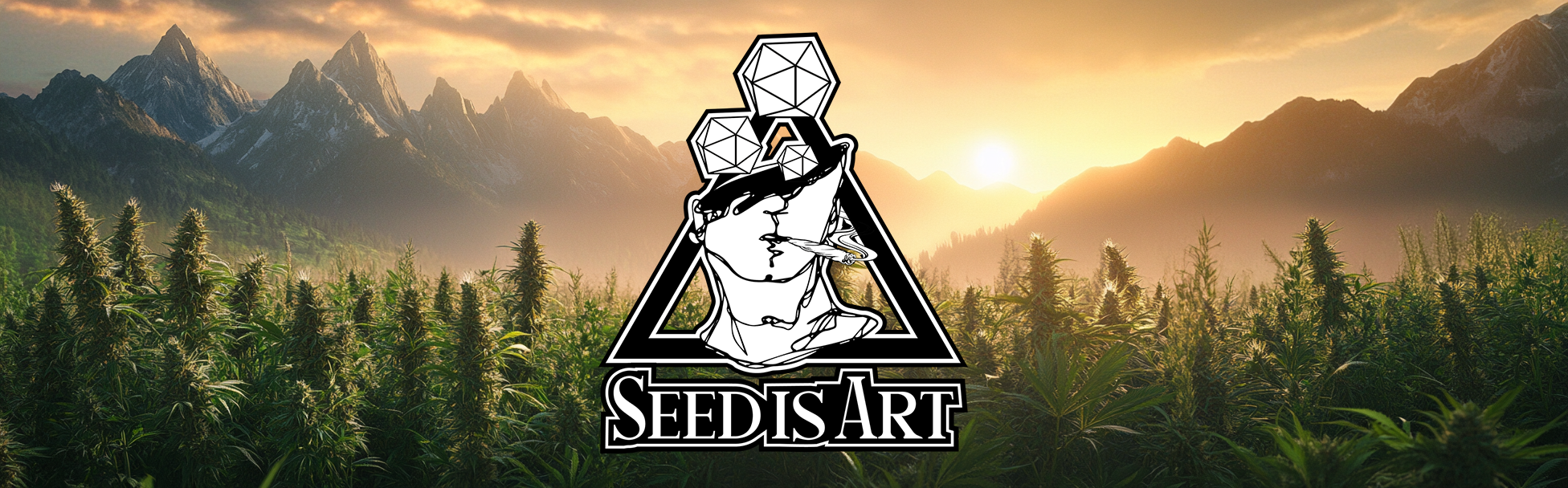 A serene field of lush cannabis plants set against a backdrop of majestic mountains at sunrise, featuring the Seed is Art logo prominently in the foreground.