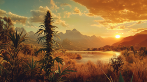 A fully bloomed Pre-1970’s Durban Poison cannabis plant standing tall against a glowing sunset in a lush South African landscape.