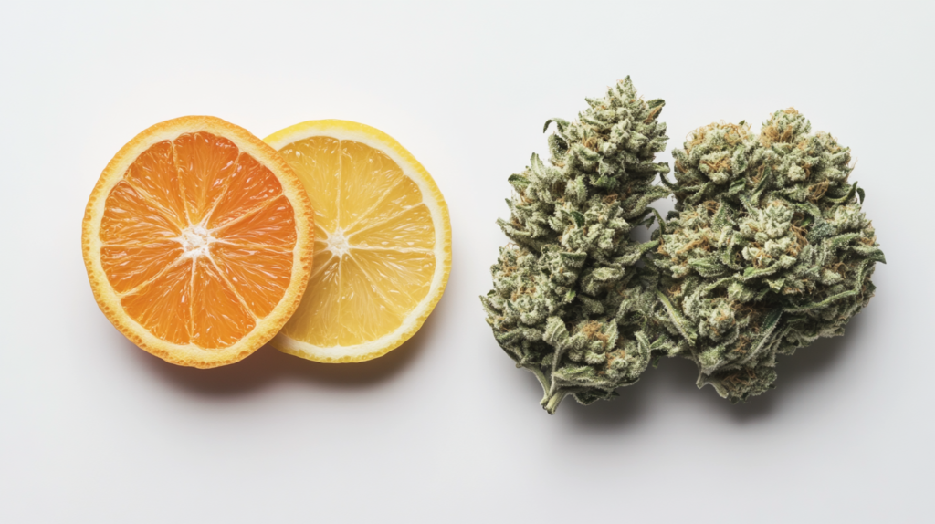 Close-up of sliced orange and lemon alongside frosty Pre-1970’s Durban Poison cannabis buds, highlighting the citrus terpene profile.